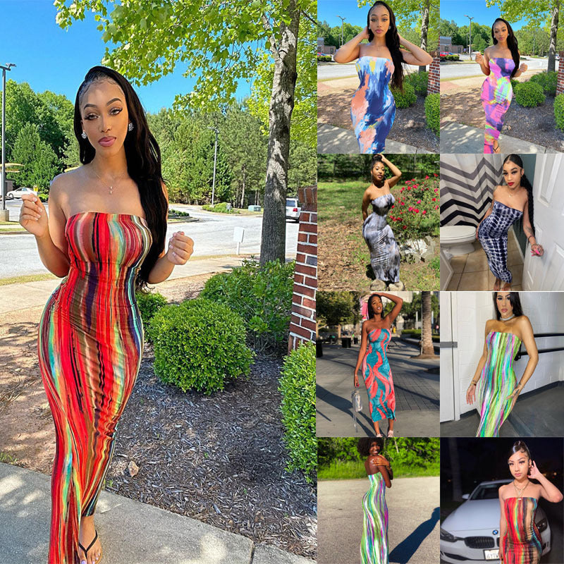 Women Clothing Spring Summer Colorful Tie Dye off Shoulder Tube Top Dress by Ragazza