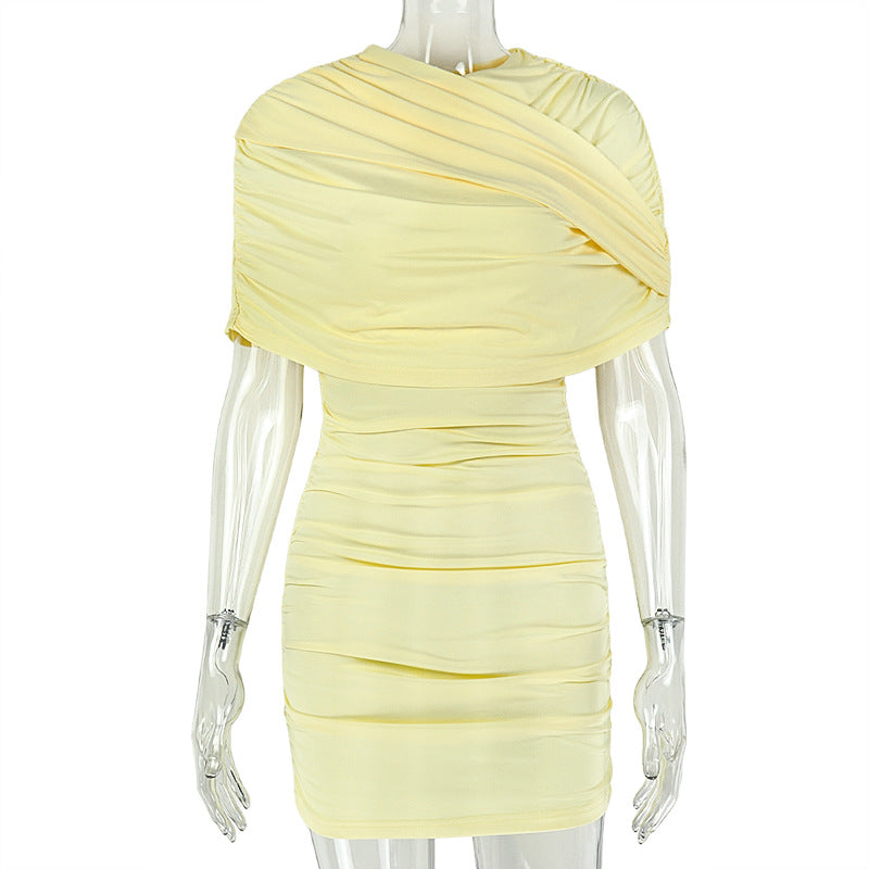 Slimming Solid Color Women Pleated Simple Fashionmonger Hip Dress Shopping Waist Travel Short Dress  DestGlow