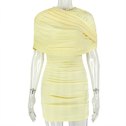 Slimming Solid Color Women Pleated Simple Fashionmonger Hip Dress Shopping Waist Travel Short Dress  DestGlow