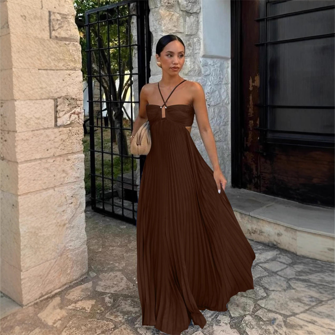 Summer Solid Color Tube Top Pleated Sleeveless Sling Dress by Ragazza