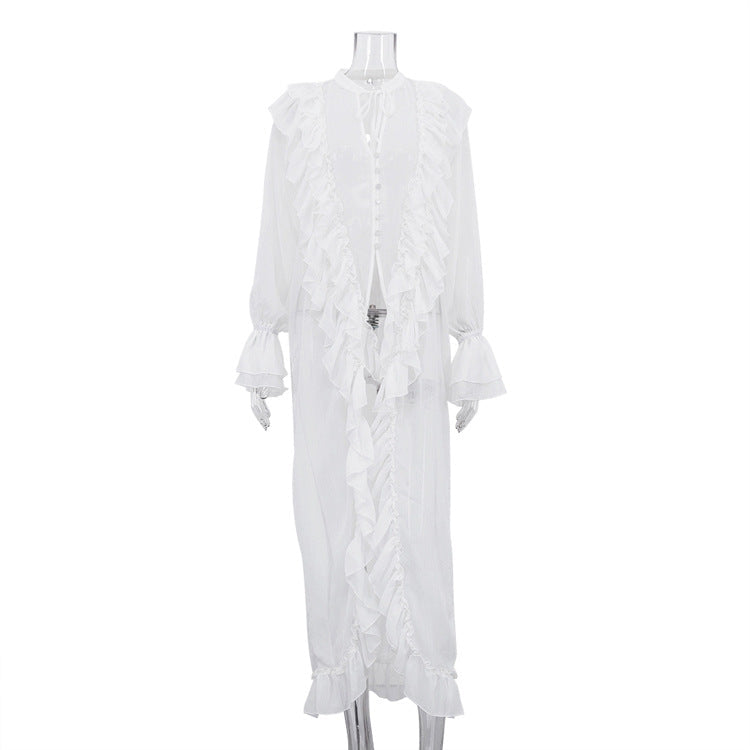 Women Clothing Design Ruffled Chiffon Dress Sexy Sheer Long Sleeve Single Breasted Sexy Dress by Ragazza