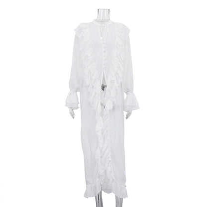 Women Clothing Design Ruffled Chiffon Dress Sexy Sheer Long Sleeve Single Breasted Sexy Dress by Ragazza