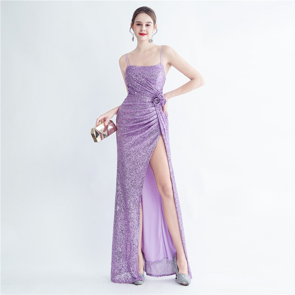 Gathers Sequ Handmade Floral Split Sling Simple Evening Dress by Ragazza