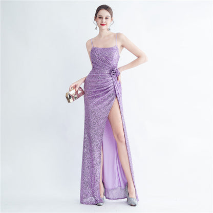 Gathers Sequ Handmade Floral Split Sling Simple Evening Dress by Ragazza