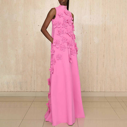 Elegant Elegant Stand Collar Sleeveless Solid Color Dress Three Dimensional Floral Collage Design Maxi Dress by Ragazza
