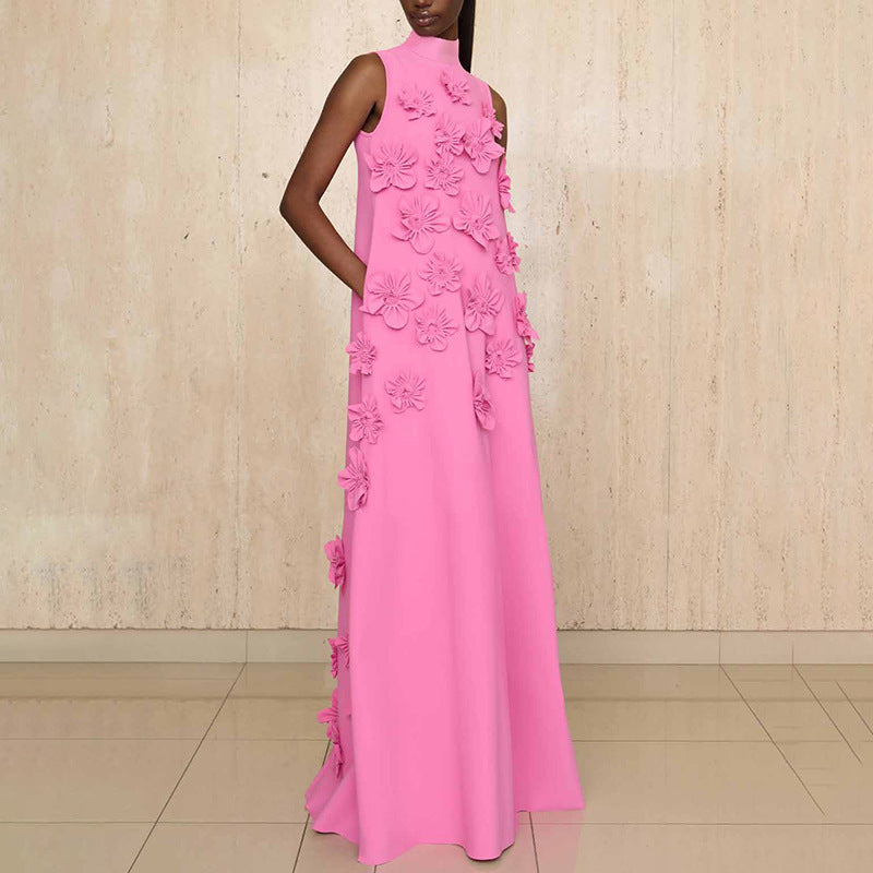 Elegant Elegant Stand Collar Sleeveless Solid Color Dress Three Dimensional Floral Collage Design Maxi Dress by Ragazza