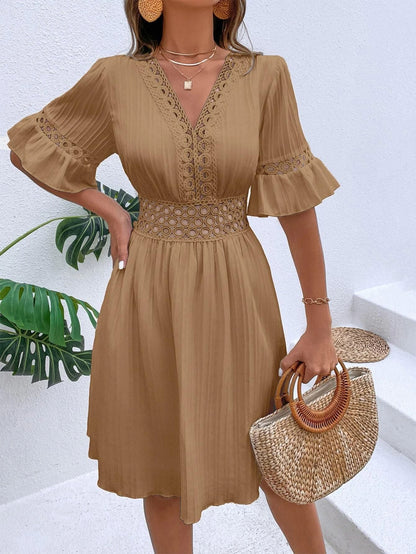 Women Clothing Summer Patchwork Lace V Neck Tight Waist Solid Color Dress by Ragazza