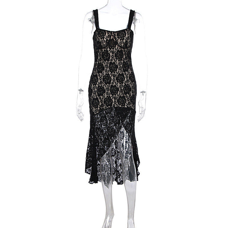 Women Clothing Sexy Lace Sling Slim Fit See through Split High Grade Dress Women by Ragazza