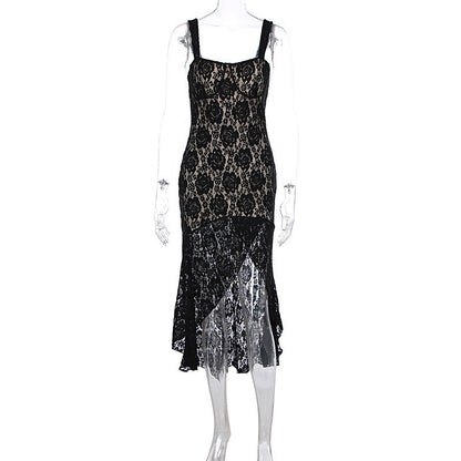 Women Clothing Sexy Lace Sling Slim Fit See through Split High Grade Dress Women by Ragazza