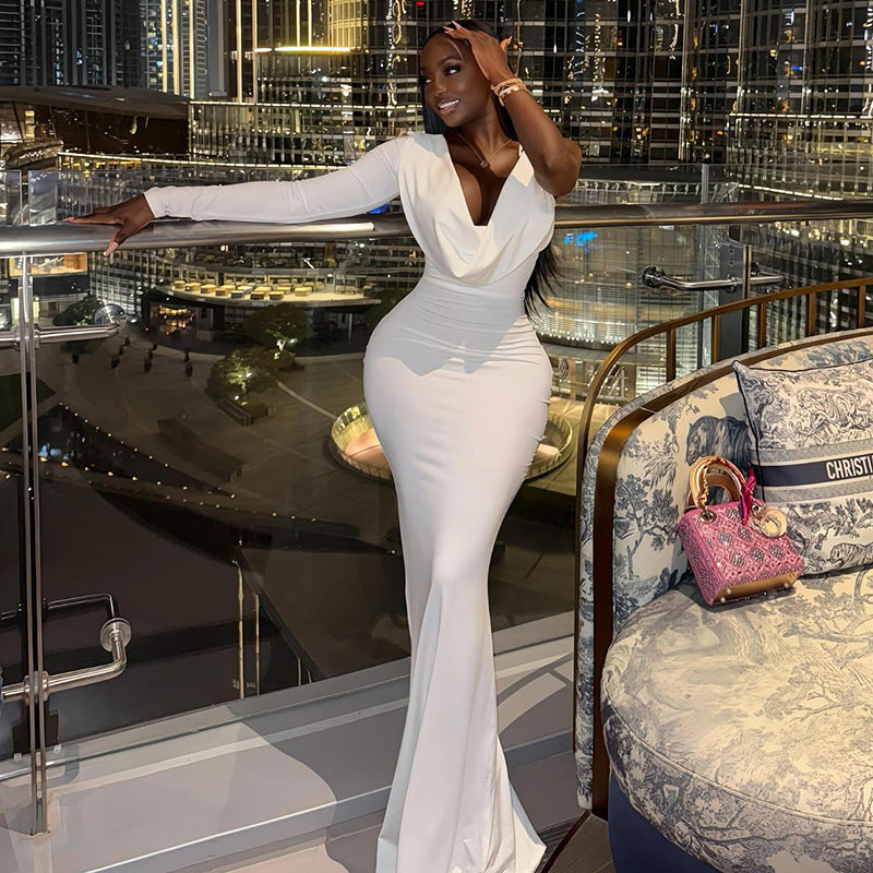 Women Clothing Pleated Solid Color Slim Fit One Step Hip Dress Swing Collar Long Sleeve One Shoulder Maxi Dress by Ragazza