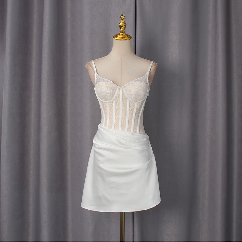 Spring Sexy Sweet Waist Slimming Boning Corset Mesh Splicing Sling Dress Women by Ragazza
