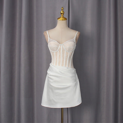 Spring Sexy Sweet Waist Slimming Boning Corset Mesh Splicing Sling Dress Women by Ragazza