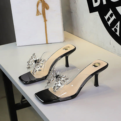Sexy Transparent Silicon Sealant Butterfly Rhinestone Square Toe Open Toe Slip on Stiletto Heel Slippers  DestGlow