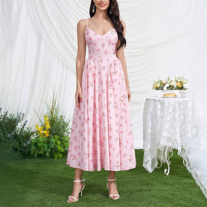 Vacation Low Collar Slip Dress Sexy Backless Lace up Waist Slimming Printed Pleated Midi Dress  DestGlow
