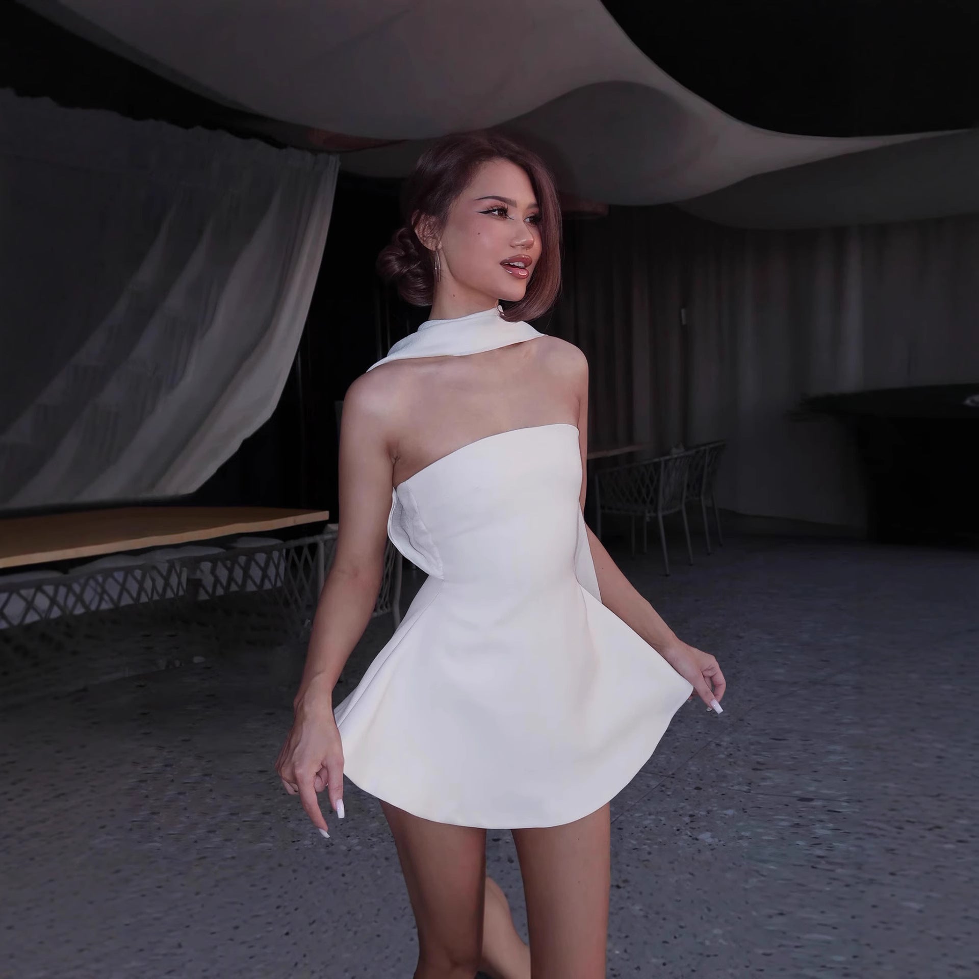 Women Clothing Autumn French Sexy Wind Ribbon Tube Top Solid Color Dress for Women by Ragazza