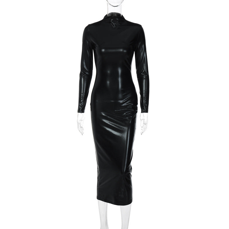 Clothing Autumn Faux Leather Dark Solid Color Slim Slimming Dress by Ragazza