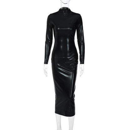 Clothing Autumn Faux Leather Dark Solid Color Slim Slimming Dress by Ragazza