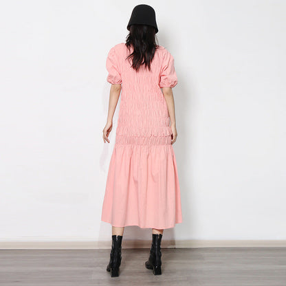 Fresh Sweet Early Spring round Neck Puff Sleeve Personalized Elastic Pleated Design Ruffled Hem Women Dress by Ragazza