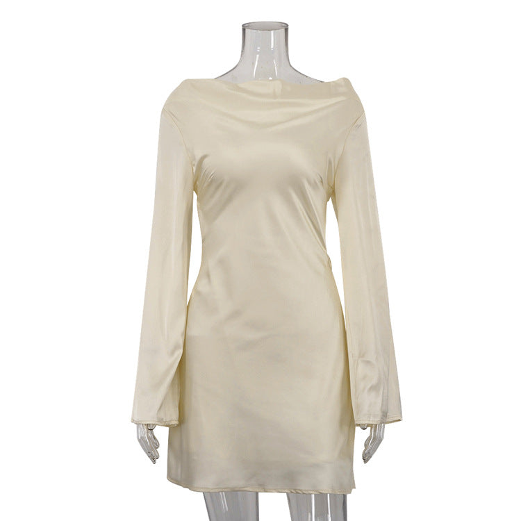 Satin Sexy Hollow Out Cutout out Backless Lace up Dress Swing Collar Long Sleeve Short A line Dress by Ragazza
