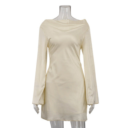 Satin Sexy Hollow Out Cutout out Backless Lace up Dress Swing Collar Long Sleeve Short A line Dress by Ragazza