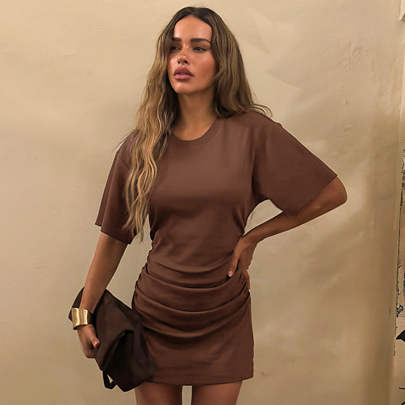 Women Clothing Spring Summer Solid Color round Neck Waist Sheath Pleated Dress by Ragazza