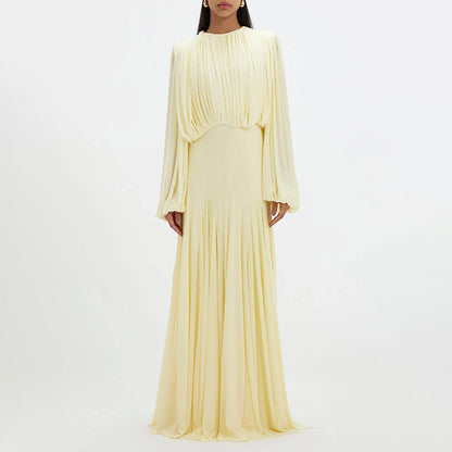 Gentle Dress Dress round Neck High Grade Pleated Patchwork Waist Slimming Maxi Dress  DestGlow