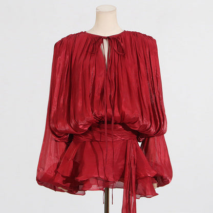 Puff Sleeve Lotus Leaf dress Early Spring Pleated Design Short Mesh Dress Women by Ragazza