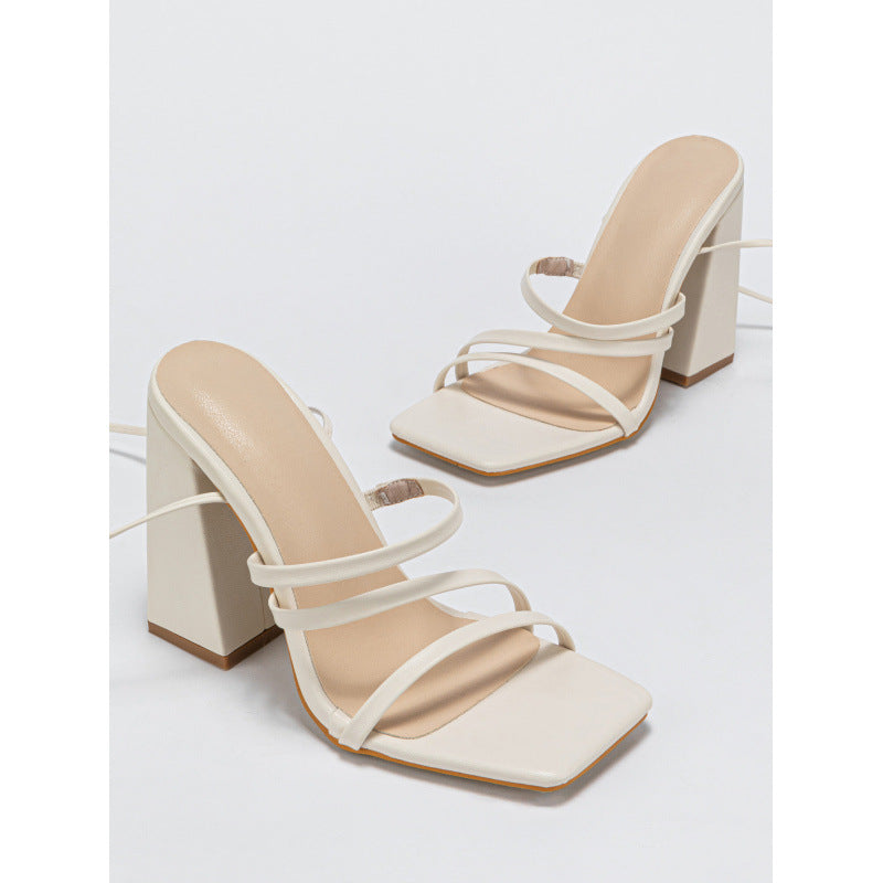 Lace up Square Toe Chunky Heel Nude Shoes Sandals  DestGlow
