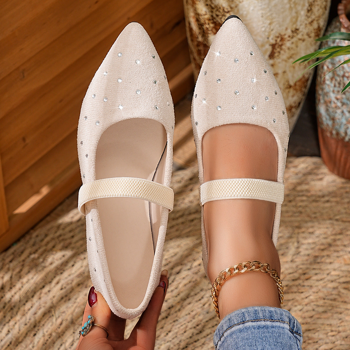 Rhinestone Pointed Toe Flat Low Heel Mary Jane Shoes Women Korean Low Cut Suede Four Seasons Boat Shoes  DestGlow