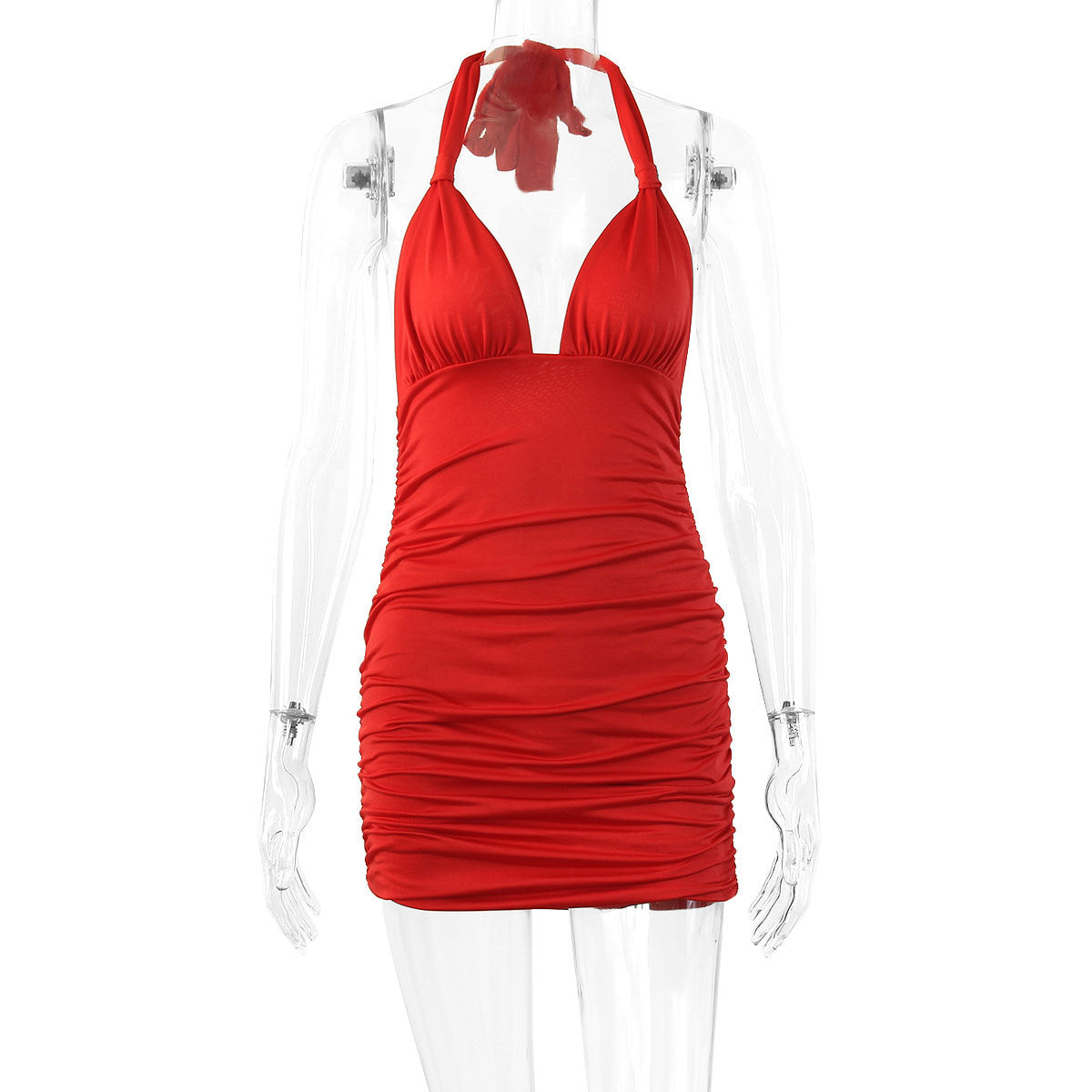 Summer Women Clothing Deep V-neck Halter Lace-up Backless Sexy Pleated Dress by Ragazza