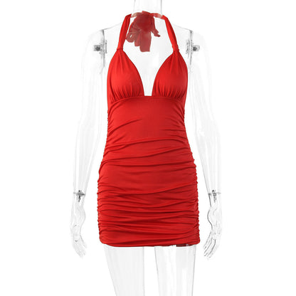 Summer Women Clothing Deep V-neck Halter Lace-up Backless Sexy Pleated Dress by Ragazza