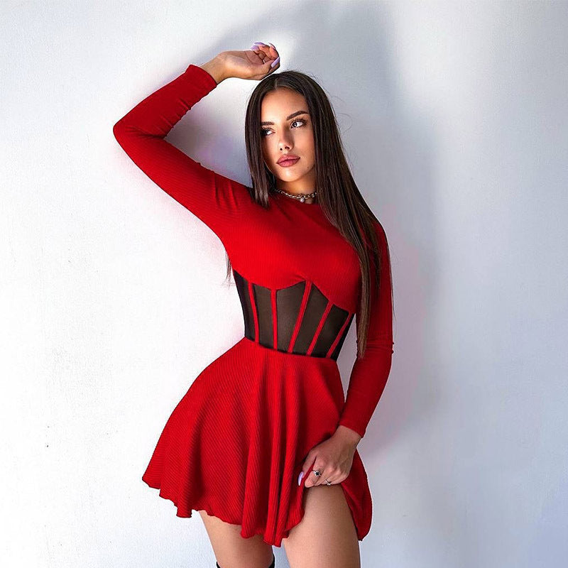 Fall Women Clothing Half High Collar Long Sleeves Mesh Patchwork See through Boning Corset Tight Waist Short Dress by Ragazza