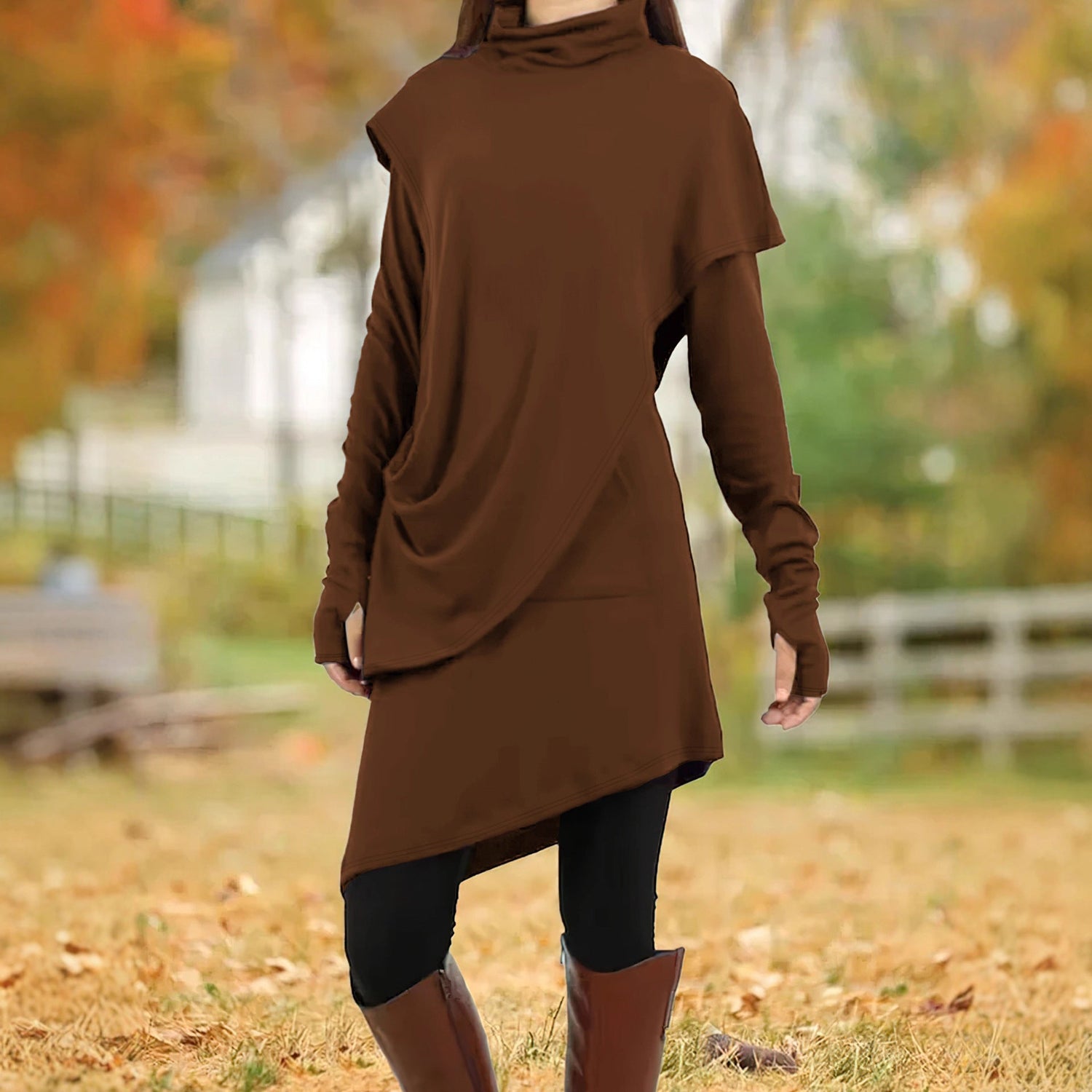 Autumn Winter Black High Collar Irregular Asymmetric Faux Two Piece Long-Sleeved Dress Women by Ragazza