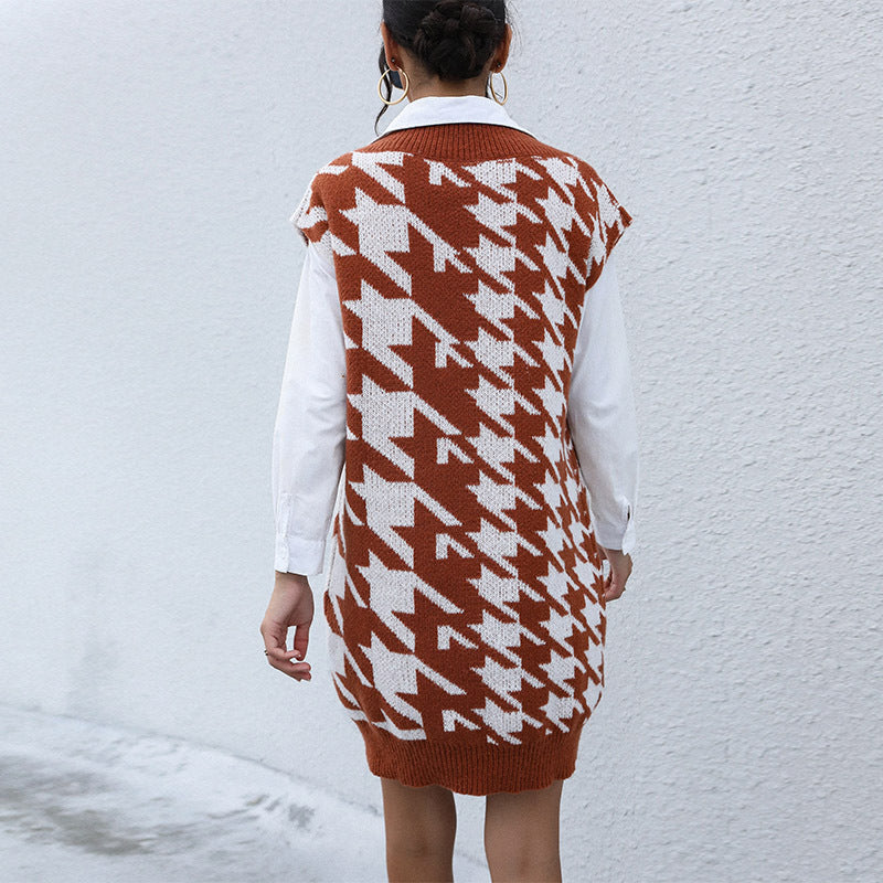Women Wear Casual Long Sleeve Houndstooth Fall Winter Sweater Dress Outer Wear by Ragazza