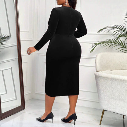 Velvet Dress Deep V Plunge neck Long Sleeve Pleated Waist Tight Split Slimming Christmas Sheath Dress by Ragazza