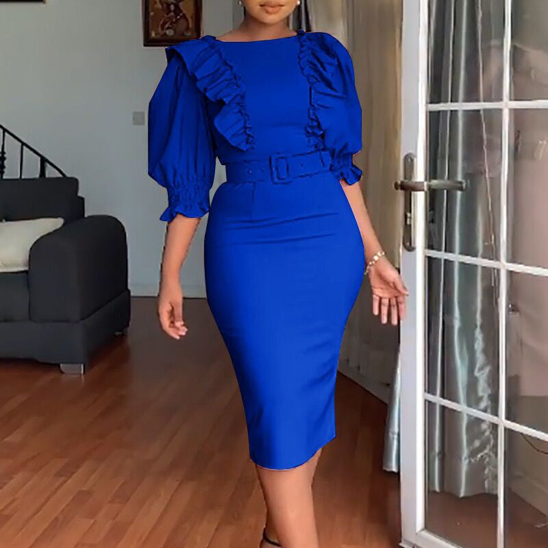 High Waist Wooden Ear Stitching Five Quarter Sleeve Office Women Dress by Ragazza