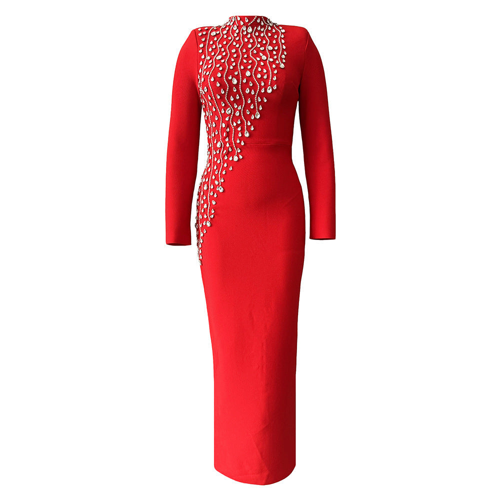 Heavy Industry Manual Rhinestone Long Sleeve Bandage One Piece Dress Socialite Elegant Dress the Dinner Party Maxi Dress by Ragazza