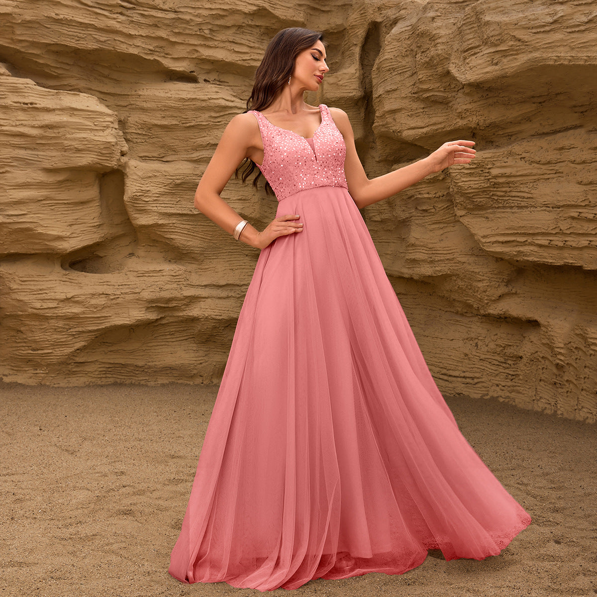 Elegant Sequin Stitching Mesh Double Collar Party Dress Sleeveless Large a Hem Full Lining Maxi Dress Prom by Ragazza