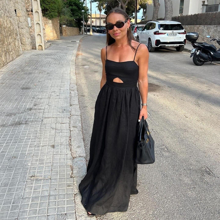 Black Breathable Sling High Waist French Dress Spring Autumn Holiday Long Dress Women by Ragazza