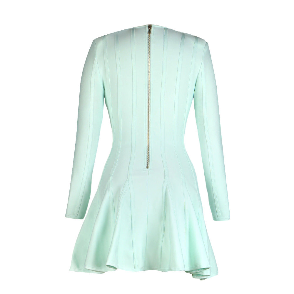 Green Long-Sleeved V neck Sexy Lion Buckle Layering Bandage Large Swing Dress by Ragazza