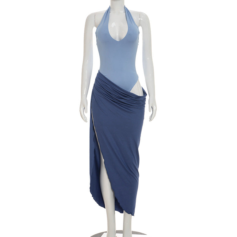 Women Clothing Summer Solid Color Faux Two Pieces Casual Contrast Color Halter Slit Sleeveless Dress  DestGlow