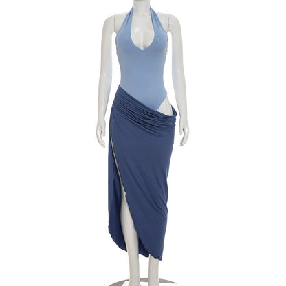 Women Clothing Summer Solid Color Faux Two Pieces Casual Contrast Color Halter Slit Sleeveless Dress  DestGlow