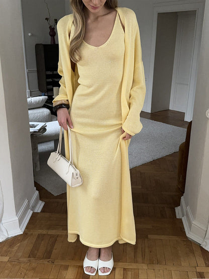 Knitted Hollow Out Cutout Vest Long Dresses Long Sleeve Cardigan Suit Women Soft Knitted Blouse  DestGlow