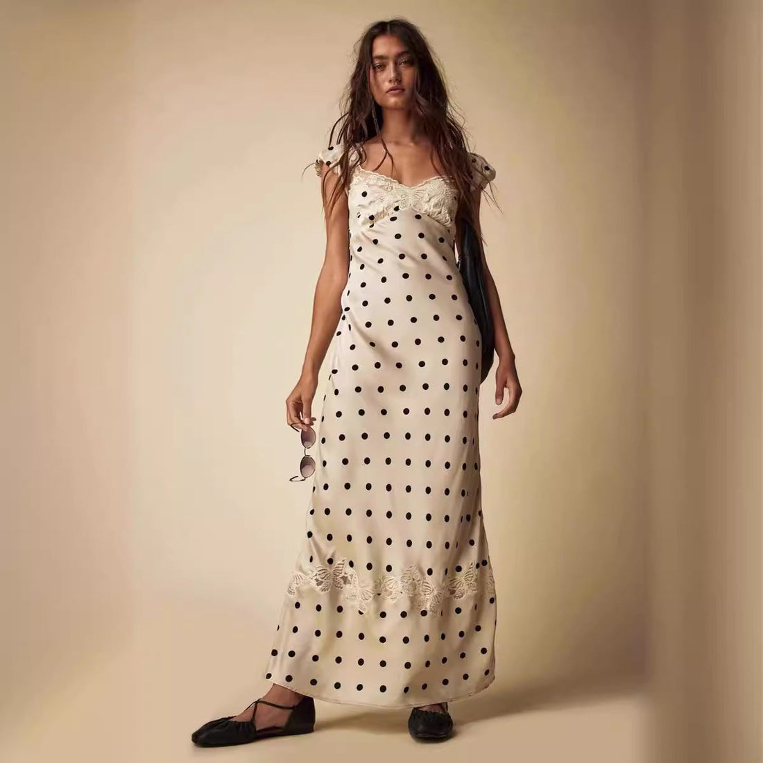 French Lace Stitching Satin Polka Dot Dress Niche Backless Birthday Formal Dress by Ragazza