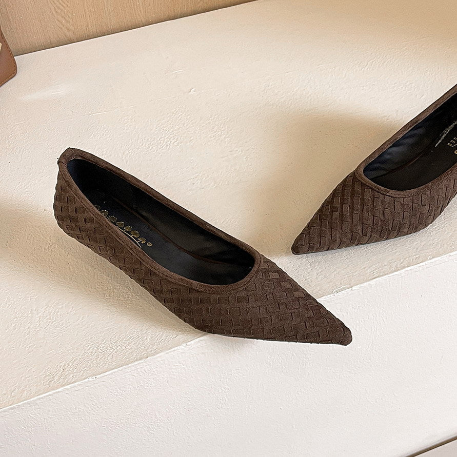 Professional Low Heel Comfortable Women Shoes Woven Suede Pointed Slip on Shallow Mouth Pumps  DestGlow