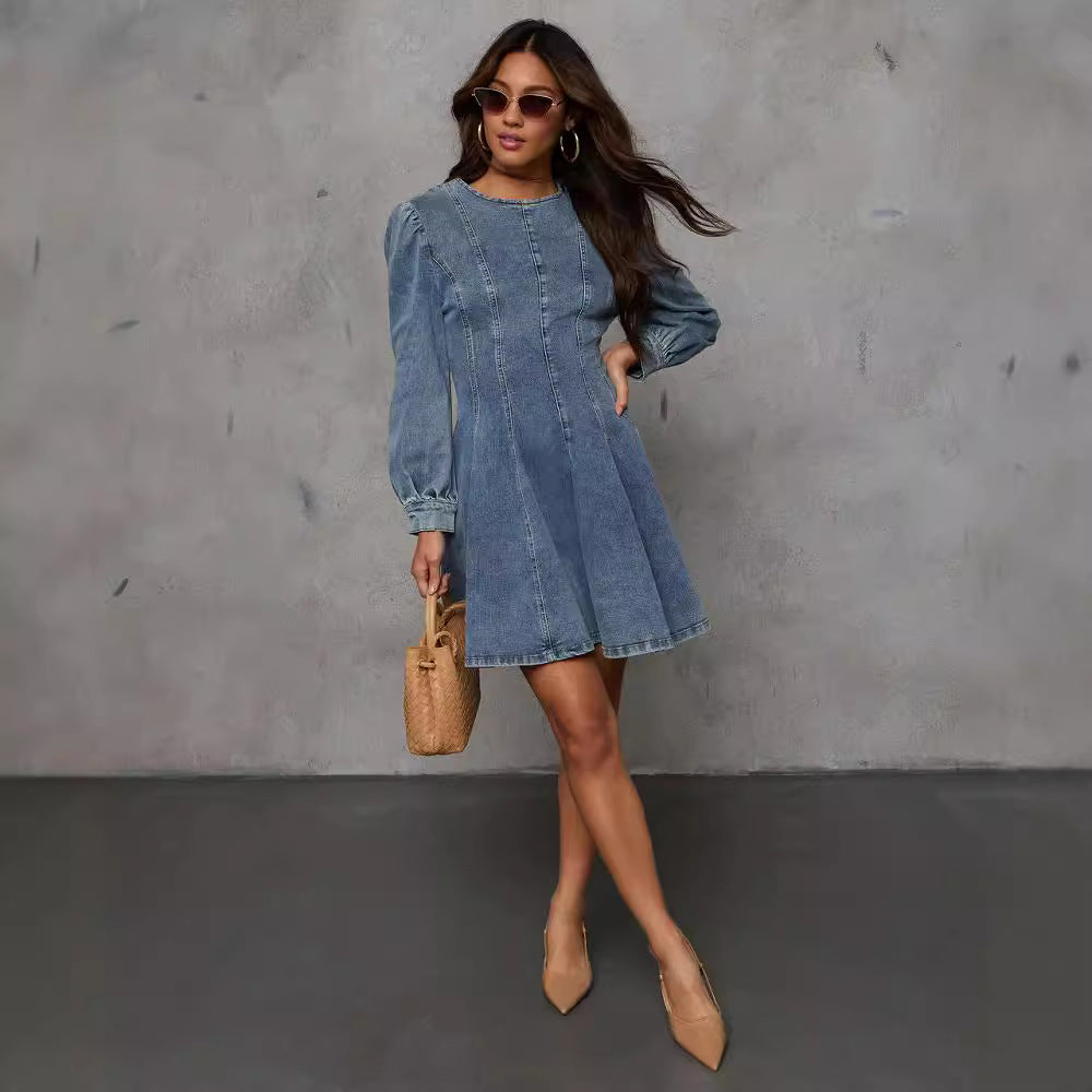 Autumn Casual Patchwork Tight Waist Women Denim Long Sleeve Dress by Ragazza