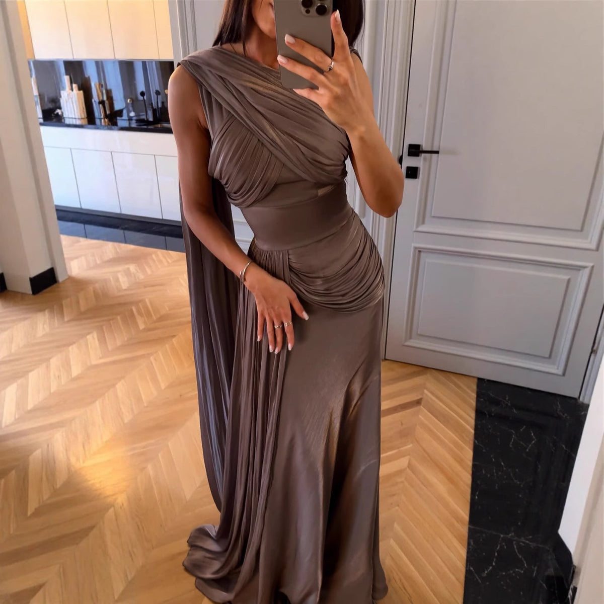 Spring Summer Women Clothing Pleated Ribbon Satin Evening Dress  DestGlow