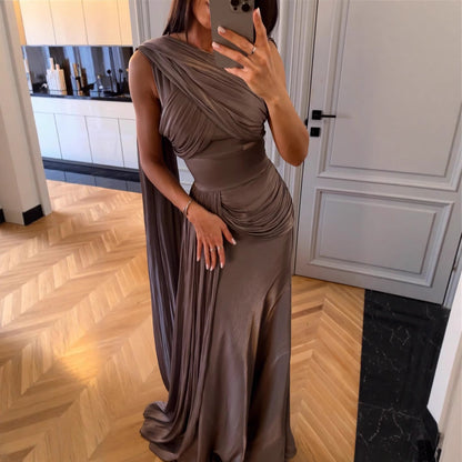Spring Summer Women Clothing Pleated Ribbon Satin Evening Dress  DestGlow