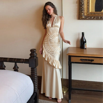 Autumn Winter Women Clothing Solid Color V neck Halter Backless Slim Pleated Dress Elegant Dress by Ragazza