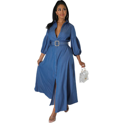 Autumn Blue Denim Shirt Long Sleeve Women Clothing Shirt Dress by Ragazza